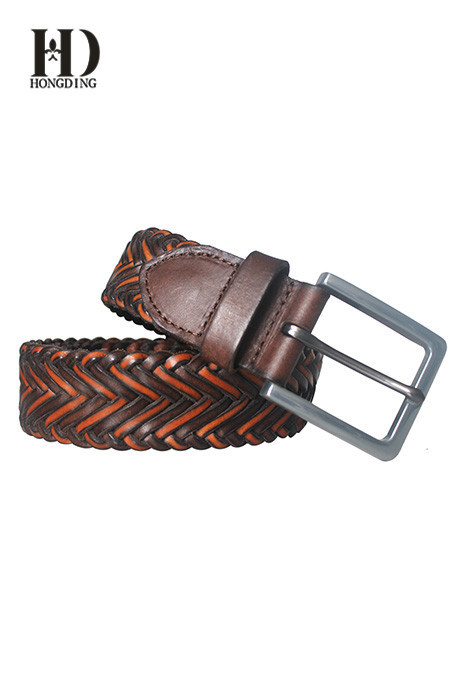 Womens brown braided leather belts with metal buckle and leather keeper