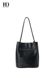 HongDing Black Genuine Cowhide Leather Handbags with Manual Tassel for Women