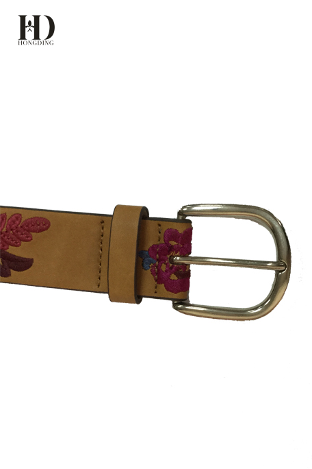HongDing Tan Classical Fashion Embroidery Women PU Belt With Pin Buckle