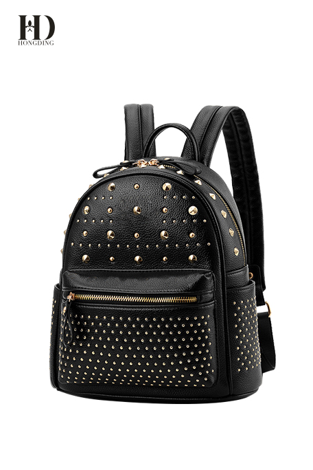 HongDing Black Punk Genuine Cowhide Leather Backpacks with Hardware Rivets for Women